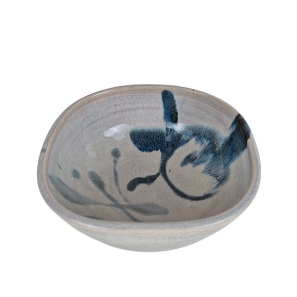 Handmade Stoneware Pottery Bowl Blue Gray Brushstroke Design Small Dish Glazed - Picture 6 of 10